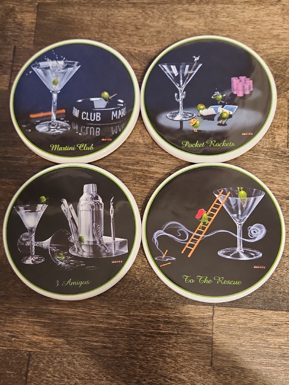 Set of 4 Dirty Martini Mihael Godard Olive Cocktail Party Ceramic Coasters
